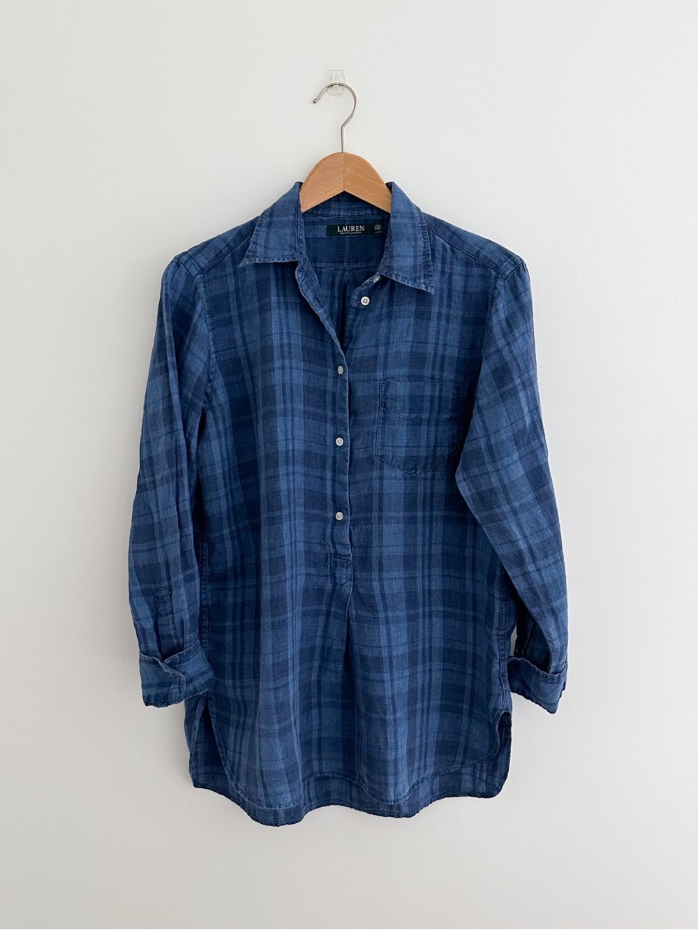 Ralph Lauren Blue Plaid Linen Popover Shirt Size Medium 100% Linen